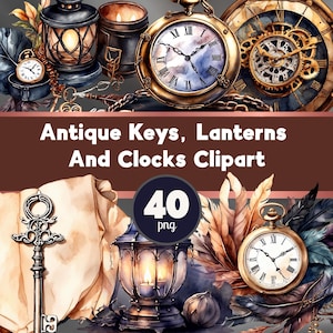 May include: An assortment of antique keys, lanterns, and clocks. The image features a variety of vintage pocket watches, ornate keys, and decorative lanterns. The text "Antique Keys, Lanterns And Clocks Clipart" is displayed.