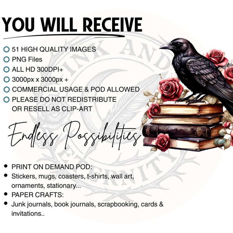 May include: Digital art design with text reading "YOU WILL RECEIVE" and "Endless Possibilities." The image features a black crow perched on a stack of books, surrounded by red roses. The design includes information about the product, such as high-quality images, PNG files, and commercial usage.