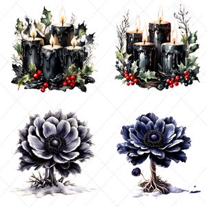 May include: Watercolor illustrations of black candles with melting wax, surrounded by holly and red berries. Also, two stylized anemone flowers in shades of gray and blue, with a tree-like base and snow.