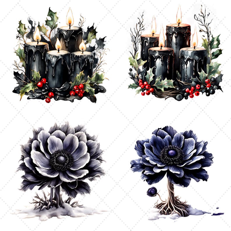 May include: Watercolor illustrations of black candles with melting wax, surrounded by holly and red berries. Also, two stylized anemone flowers in shades of gray and blue, with a tree-like base and snow.