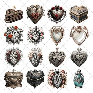 May include: A selection of heart-shaped pendants, lockets, and boxes with intricate designs. The image shows roses, anatomical hearts, and decorative metalwork in silver, gold, and black. Some pieces feature skull motifs and mirrored surfaces.