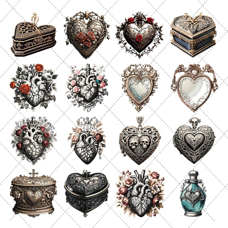 May include: A selection of heart-shaped pendants, lockets, and boxes with intricate designs. The image shows roses, anatomical hearts, and decorative metalwork in silver, gold, and black. Some pieces feature skull motifs and mirrored surfaces.