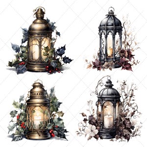 May include: Four decorative lanterns with lit candles and floral arrangements. Two lanterns are bronze-colored, adorned with holly and red berries. The other two are dark gray, surrounded by burgundy and white flowers and branches.