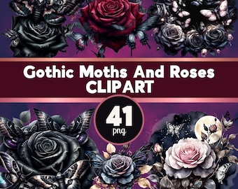 Gotische motten en rozen illustraties, gotische aquarelbundel, donkere romantiek (digitale png-download)