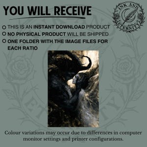 May include: An artistic digital download product with the text "YOU WILL RECEIVE". The image features a dark, romantic illustration of two figures embracing, with the words "INK AND ETERNITY" and a rose design. The text also states that it is an instant download.