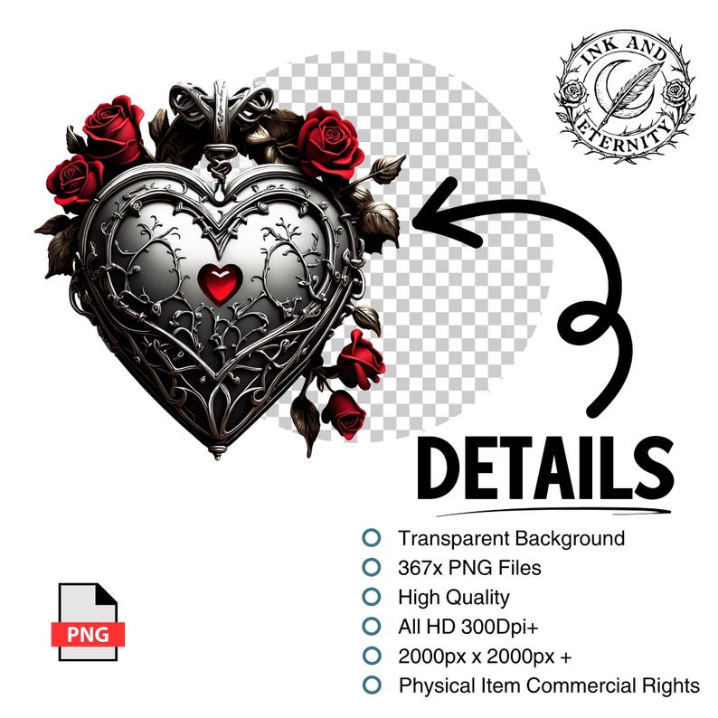 May include: A silver heart-shaped pendant with detailed filigree and a red heart-shaped gem, framed by red roses. The image includes the text "DETAILS" and a logo with the words "INK AND ETERNITY".