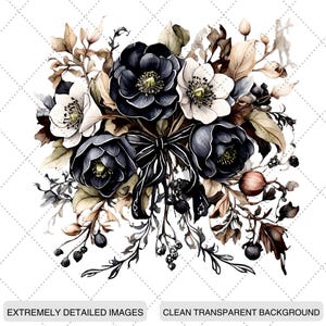 May include: Watercolor illustration of a bouquet featuring dark blue and white flowers with yellow centers, accented by brown and green foliage. A black ribbon ties the arrangement. The text at the bottom reads "EXTREMELY DETAILED IMAGES" and "CLEAN TRANSPARENT BACKGROUND".