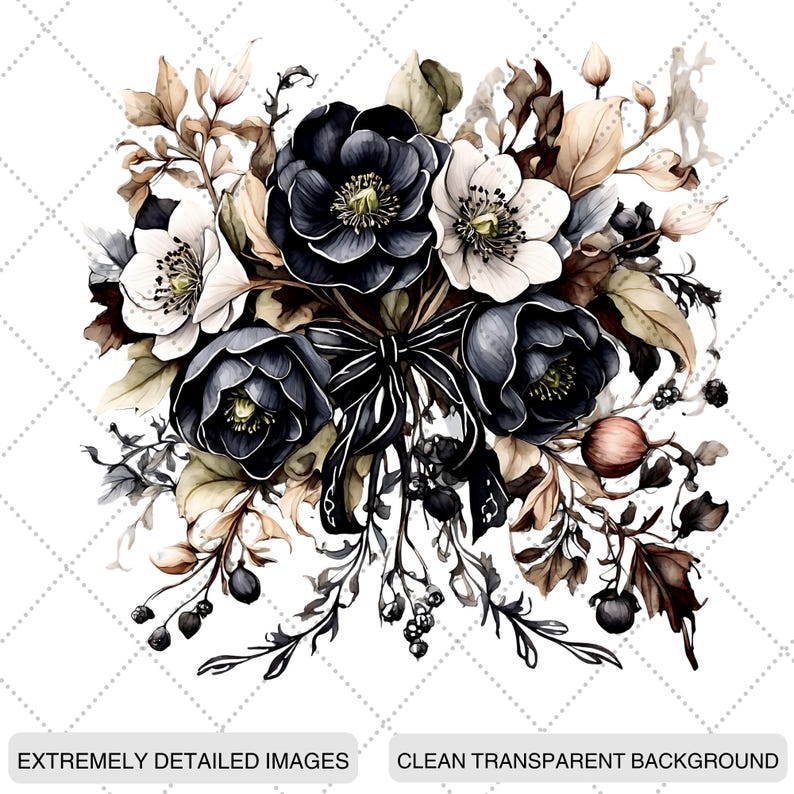 May include: Watercolor illustration of a bouquet featuring dark blue and white flowers with yellow centers, accented by brown and green foliage. A black ribbon ties the arrangement. The text at the bottom reads "EXTREMELY DETAILED IMAGES" and "CLEAN TRANSPARENT BACKGROUND".