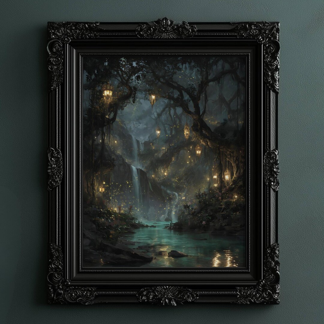 Enchanted Forest Waterfall Wall Art Printable, Dark Fantasy Woodland ...