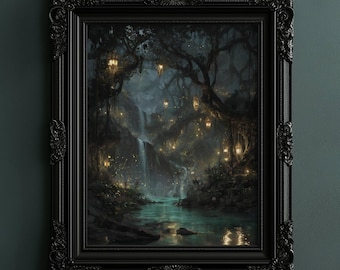 May include: A rectangular wall art piece featuring a dark, atmospheric forest scene with a waterfall cascading into a pool. Glowing lanterns hang from twisted tree branches, illuminating the misty landscape, all encased in an ornate black frame.