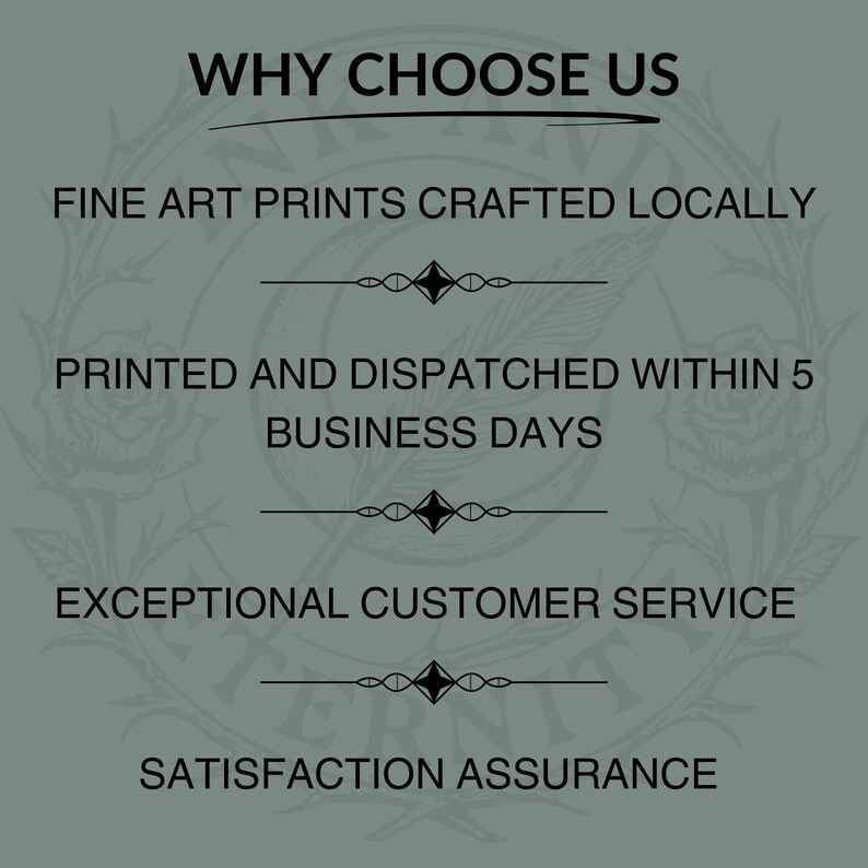 May include: A teal-colored graphic with the text "WHY CHOOSE US" at the top. Below, it lists "FINE ART PRINTS CRAFTED LOCALLY", "PRINTED AND DISPATCHED WITHIN 5 BUSINESS DAYS", "EXCEPTIONAL CUSTOMER SERVICE", and "SATISFACTION ASSURANCE".