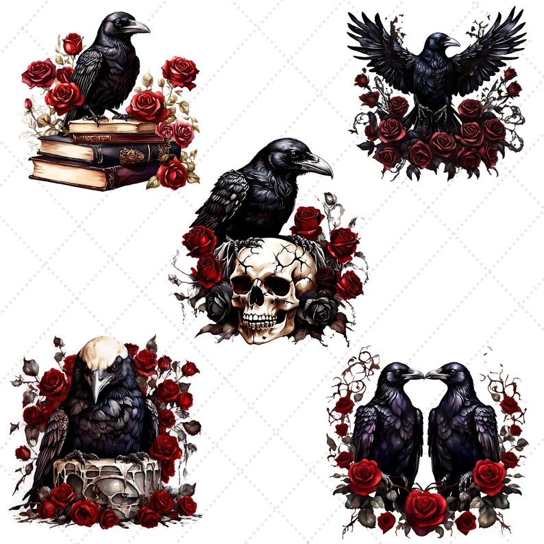 May include: Five digital illustrations featuring black ravens and red roses. One raven sits on books, another with a skull, and one with spread wings. The illustrations have a gothic theme.