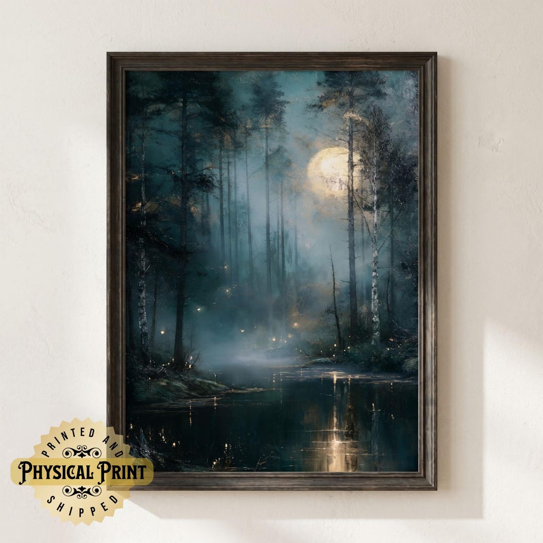Enchanted Forest Lake Wall Art Print, Mystical Woodland Decor, Moody ...