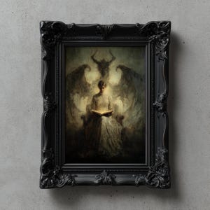 May include: A framed artwork featuring a person reading a book, illuminated by a soft glow. Behind the person, a shadowy figure with horns and wings is visible. The ornate black frame adds a gothic aesthetic.