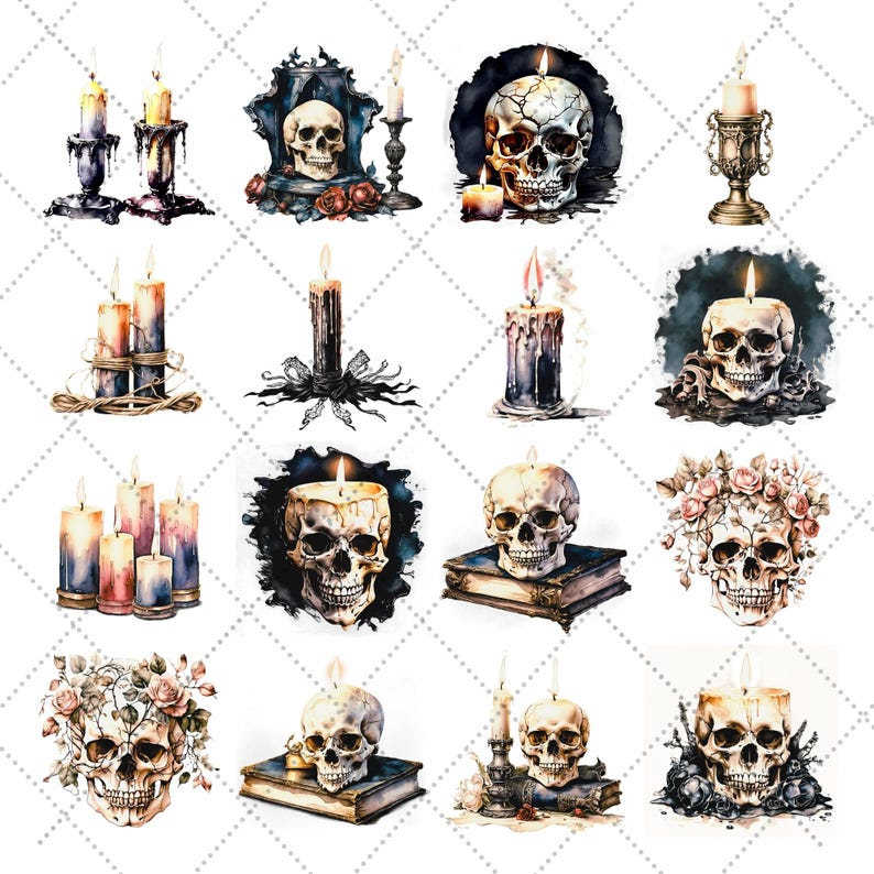 May include: Watercolour illustrations of skulls and candles in various arrangements. Some skulls are adorned with flowers or set on books. Candles are lit, with dripping wax, in ornate holders.