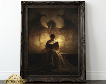 May include: A framed wall art print featuring a person in a long gown reading an open book. Behind the figure, a large, dark, winged dragon silhouette emerges from a golden, glowing light. The frame is dark brown with ornate, carved details.