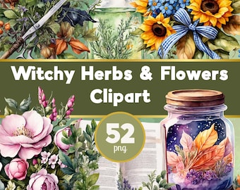 Watercolor Witchy Herbs and Flowers Clipart, Dark Romance Botanicals (PNG Digital Download)