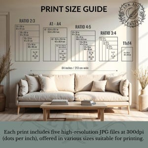 May include: Print size guide with dimensions in inches and centimeters. Includes ratios 2:3, A1-A4, 4:5, and 3:4, with sizes like 24x36 in (61x91 cm) and 8x10 in (20x25 cm). The text also mentions high-resolution JPG files.