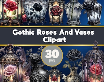 Gotische rozen en vazen illustraties, gotische aquarelbundel, donkere romantiek (digitale png-download)