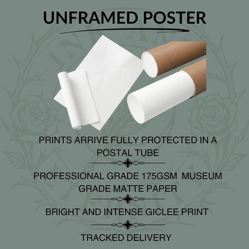 May include: An unframed poster with text that reads "UNFRAMED POSTER". The poster is shown with rolled paper and a postal tube. The text also mentions "PROFESSIONAL GRADE 175GSM MUSEUM GRADE MATTE PAPER" and "BRIGHT AND INTENSE GICLEE PRINT".