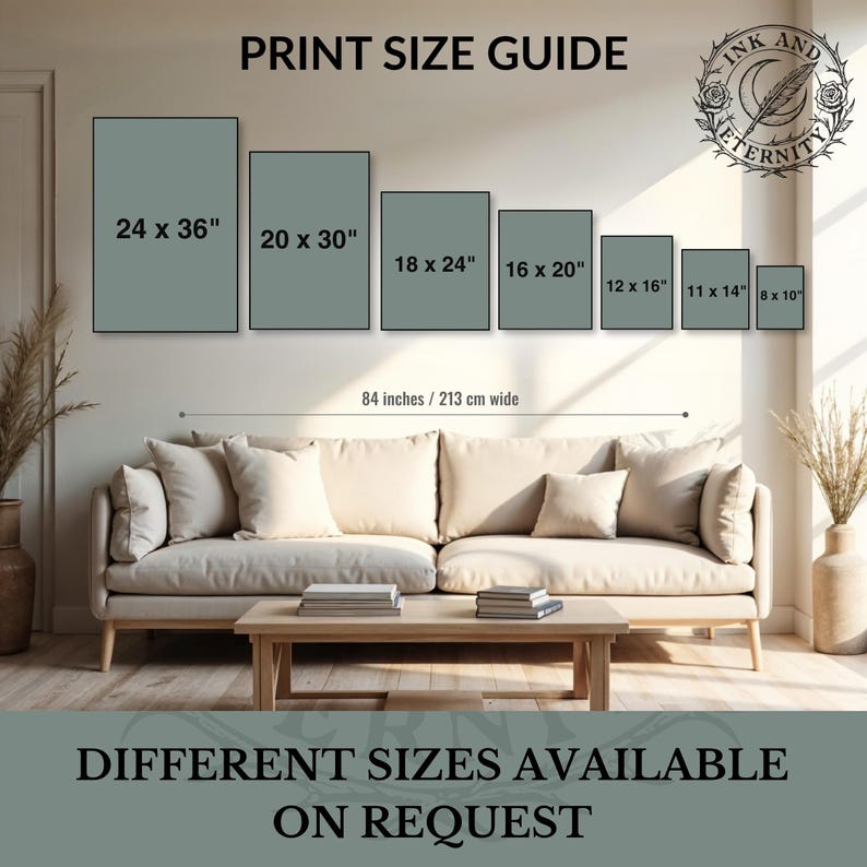 May include: Print size guide with dimensions in inches, including 24 x 36, 20 x 30, 18 x 24, 16 x 20, 12 x 16, 11 x 14, and 8 x 10. The text "84 inches / 213 cm wide" is displayed. The text "Different sizes available on request" is also shown.
