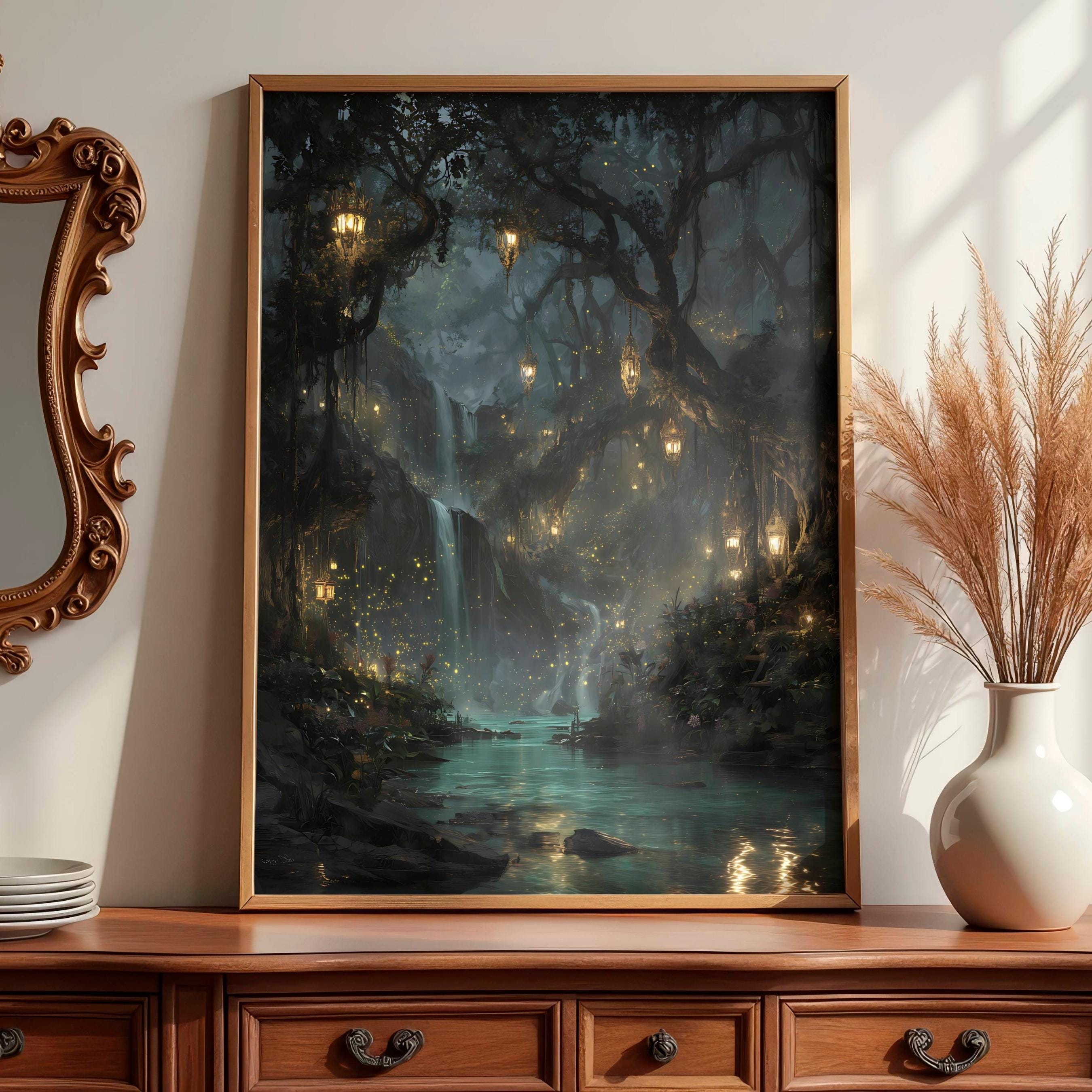 Enchanted Forest Waterfall Wall Art Print, Fantasy Night Landscape ...