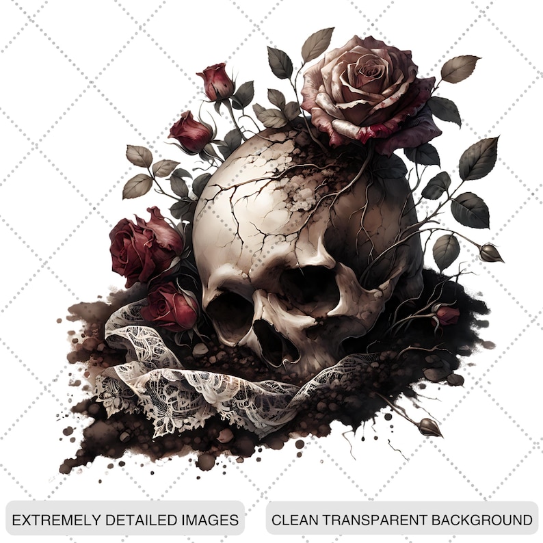 May include: An illustration of a human skull decorated with dark red roses and leaves. A white lace fabric is draped beneath the skull. The image has a gothic or romantic theme, with a transparent background.