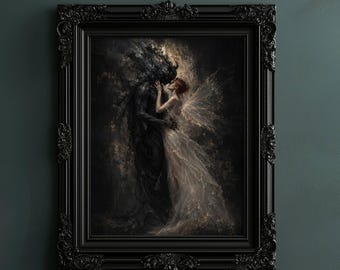 May include: A framed wall art print featuring a dark, shadowy figure embracing a light-skinned figure with translucent wings. The artwork is encased in an ornate, black, rectangular frame with intricate carved details along the edges.
