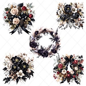 May include: Watercolor illustrations of floral arrangements and a wreath. The bouquets feature roses, berries, and pinecones in shades of cream, red, and black, accented with black ribbons. The wreath is composed of dark roses and dried foliage.