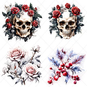 May include: Four watercolor illustrations. Two feature skulls adorned with red roses and dark green leaves. The other two show a bouquet of pink roses and a sprig of red berries with blue leaves. All are set against a white background.