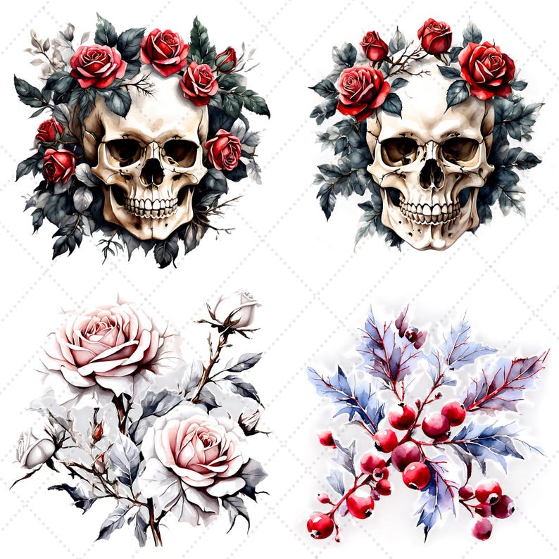 May include: Four watercolor illustrations. Two feature skulls adorned with red roses and dark green leaves. The other two show a bouquet of pink roses and a sprig of red berries with blue leaves. All are set against a white background.