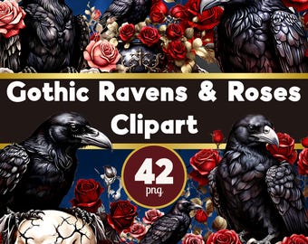 Gothic Ravens And Roses-illustraties, gotische aquarelbundel, donkere romantiek (digitale png-download)