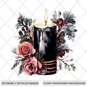 May include: A black candle with a gold rim and dripping wax, surrounded by watercolor roses and foliage. The candle has a lit flame. The words "EXTREMELY DETAILED IMAGES" and "CLEAN TRANSPARENT BACKGROUND" are at the bottom.