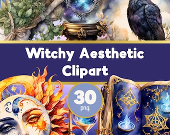 Watercolour Witchy Aesthetics Clip Art Bundle, Dark Romance Witch Images (PNG Digital Download)