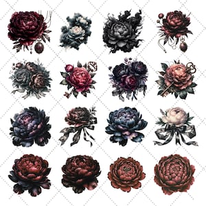 May include: A selection of watercolour illustrations showcasing peony flower arrangements in shades of burgundy, black, and blue. Some arrangements include decorative elements like keys, ribbons, and pendants. The overall aesthetic is dark and romantic.