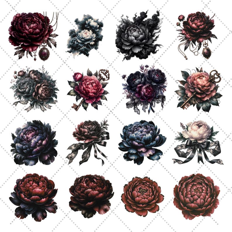 May include: A selection of watercolour illustrations showcasing peony flower arrangements in shades of burgundy, black, and blue. Some arrangements include decorative elements like keys, ribbons, and pendants. The overall aesthetic is dark and romantic.