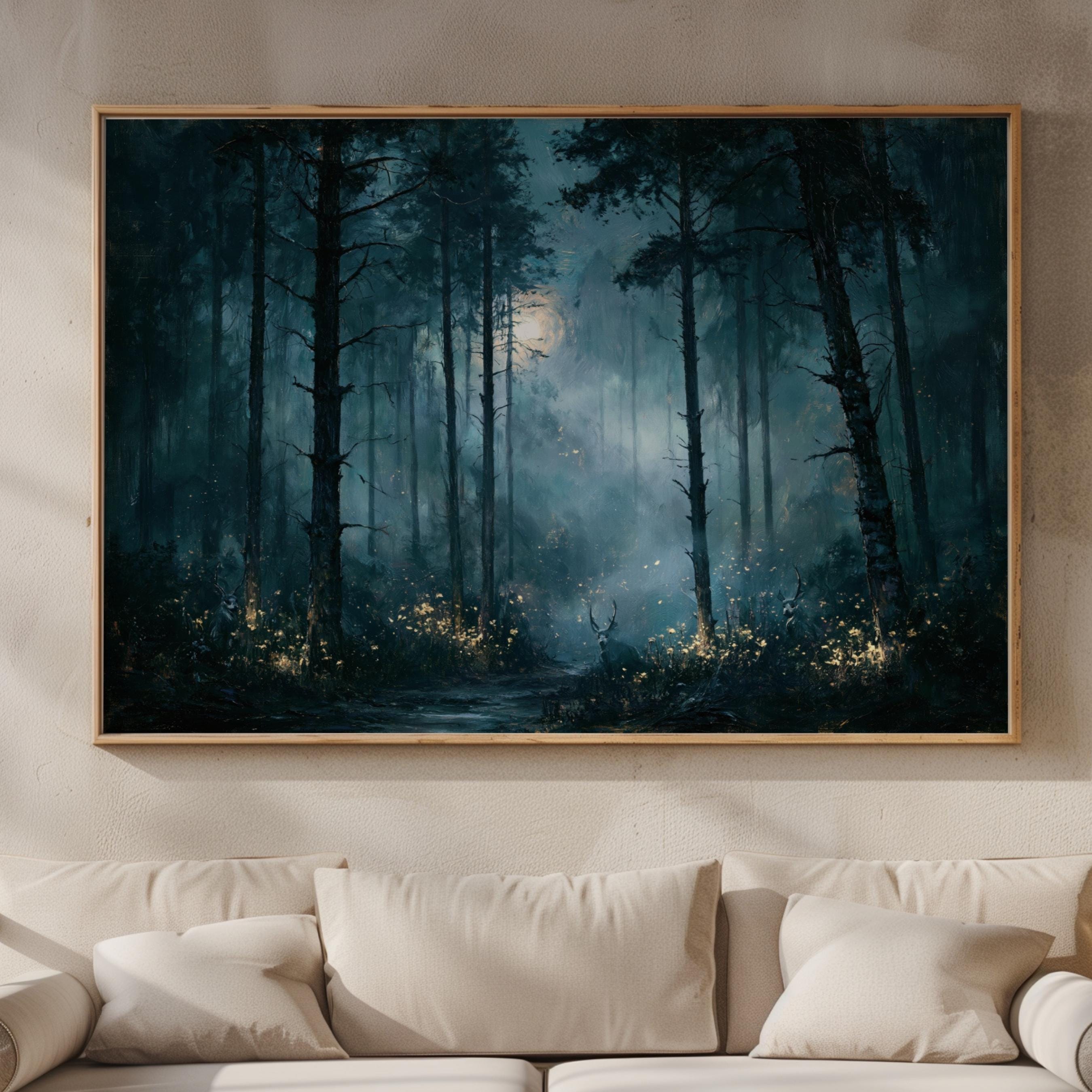 Moonlit Forest Wall Art Printable, Mystical Stag Woodland Landscape Art ...