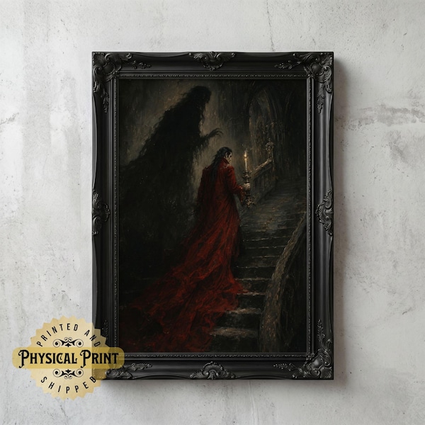 Lámina decorativa sin marco estilo gótico "La sombra de Drácula", póster de vampiros inspirado en Bram Stoker, decoración estilo academia oscura, pintura de castillo embrujado.