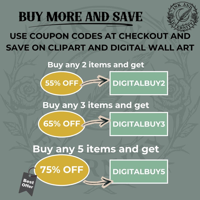 May include: Promotional graphic with text "BUY MORE AND SAVE". Offers discounts on clipart and digital wall art with coupon codes DIGITALBUY2, DIGITALBUY3, and DIGITALBUY5. Includes a "Best Offer" tag.