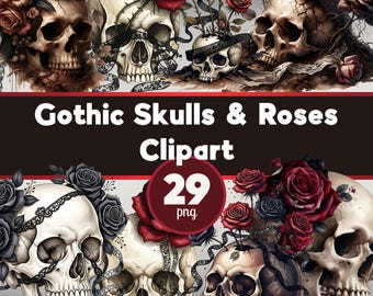 Gothic Skulls And Roses Clip Art, Gothic Watercolour Bundle, Dark Romance (PNG Digital Download)