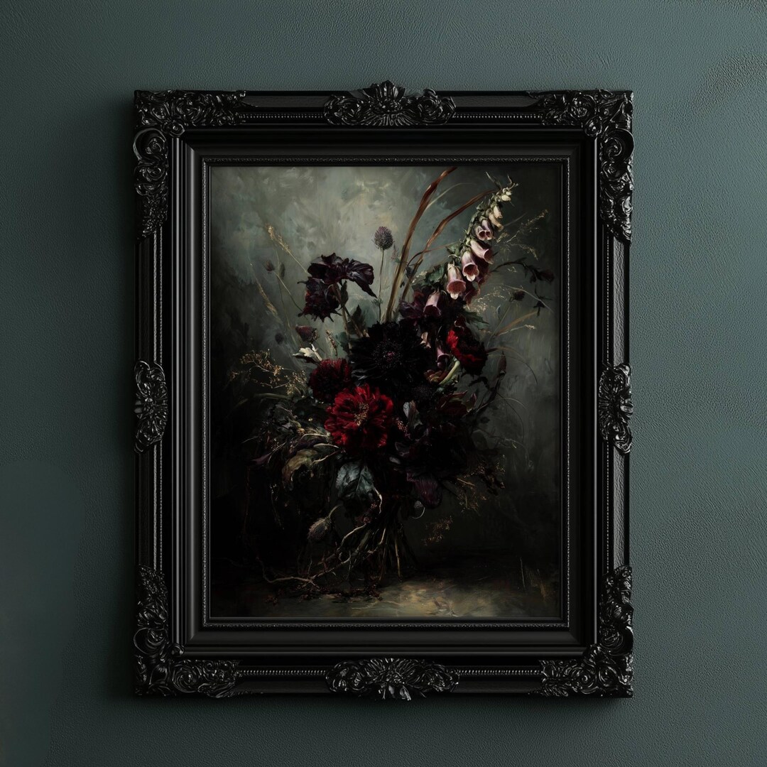 Moody Dark Floral Wall Art Digital Download, Gothic Red Flower Bouquet ...