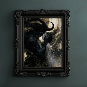 May include: A framed artwork depicting a dark figure embracing a woman. The painting features a palette of blacks, whites, and muted golds, with intricate details and a gothic aesthetic. The black frame has ornate detailing.