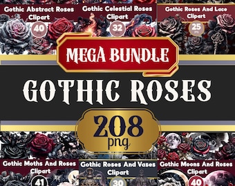 MEGA Gothic Roses PNG Clipart Bundle, Dark Romance Watercolour Floral Scrapbook Graphics POD, Sublimation, Junk Journal, Bookish jpeg svg