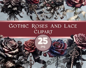 Gothic Roses And Lace Clip Art, Gothic Watercolour Bundle, Dark Romance (PNG Digital Download)
