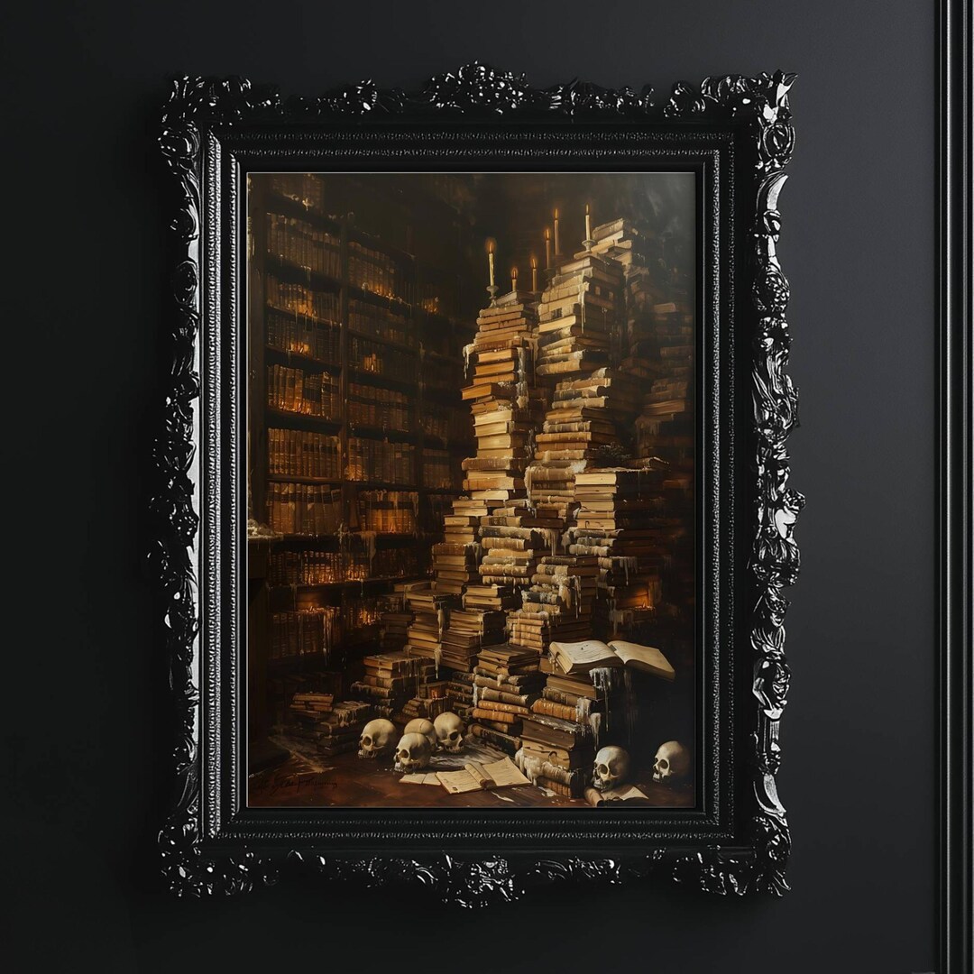 Dark Academia Library Wall Art, Gothic Book Stack Skull Art, Moody ...