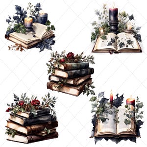 May include: Watercolor illustrations of vintage books with candles and floral arrangements. The books are open, with aged pages, and are adorned with roses, pinecones, and greenery. The candles are lit, casting a warm glow.