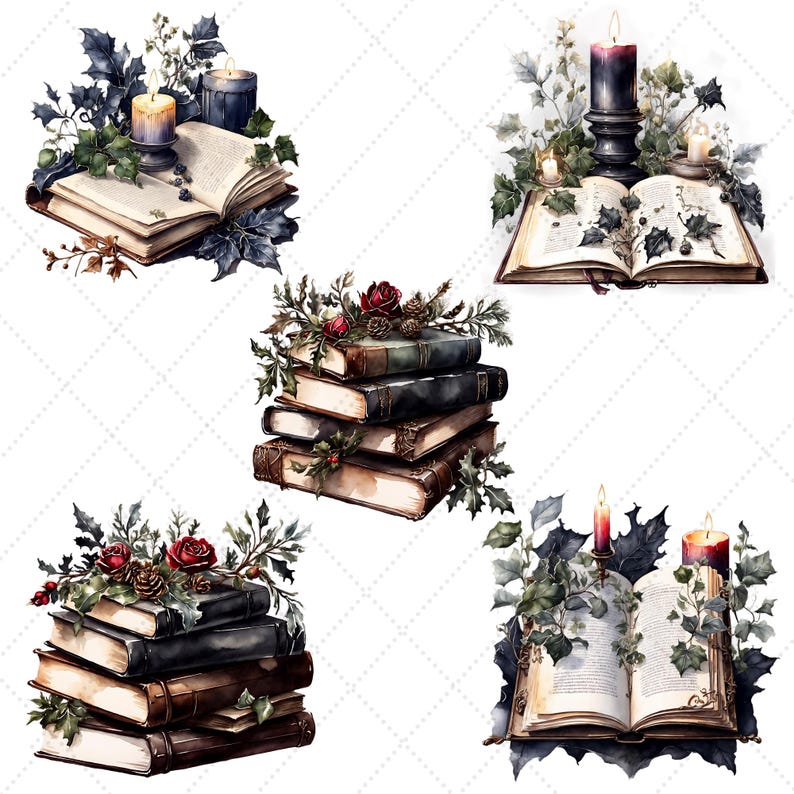 May include: Watercolor illustrations of vintage books with candles and floral arrangements. The books are open, with aged pages, and are adorned with roses, pinecones, and greenery. The candles are lit, casting a warm glow.