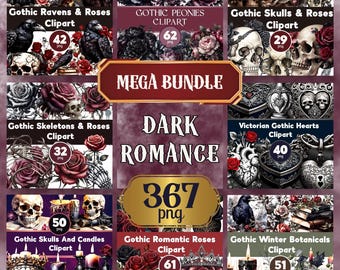 MEGA Dark Romance PNG Clipart Bundle, Dark Romance Ravens Roses Skulls Scrapbook Graphics POD, Sublimation, Junk Journal, Bookish jpeg svg