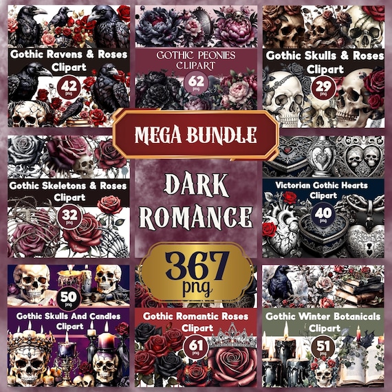 MEGA Dark Romance PNG Clipart Bundle, Dark Romance Ravens Roses Skulls Scrapbook Graphics POD, Sublimation, Junk Journal, Bookish jpeg svg