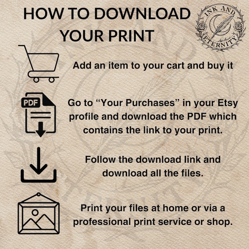May include: A beige graphic with instructions on how to download a print. The text reads "HOW TO DOWNLOAD YOUR PRINT" and includes steps with icons: shopping cart, PDF, download arrow, and framed picture.
